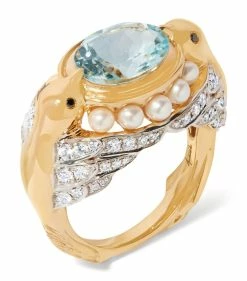 Annoushka x Temperley Yellow Gold, Aquamarine and Diamond Lovebirds Ring (One Size) Rings