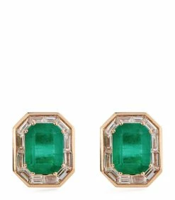 SHAY Rose Gold, Diamond and Emerald Halo Earrings RG/GREEN