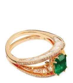 SHAY Rose Gold, Diamond and Emerald Halo Open Ring RG/GREEN Rings